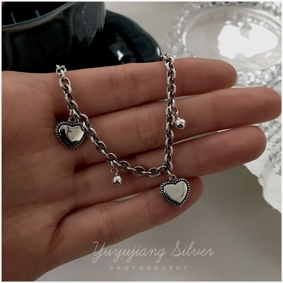 #NEW 925 Sterling Silver Vintage Heart Bead Bracelet - Picture 2 of 11